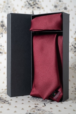 Cravatta con pochette bordeaux tinta unita